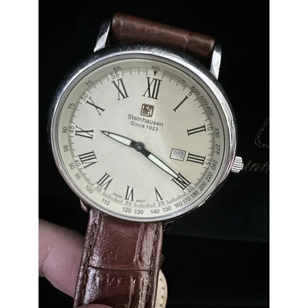 Steinhausen Swiss Movt Men's Date Dial 5 Jewels Leather Band Slim Watch Case‎